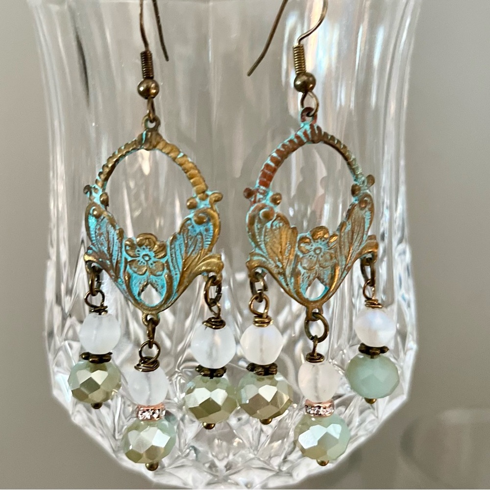 Art Nouveau Style Verdigris Earrings Czech Glass Drops - Picture 9 of 15